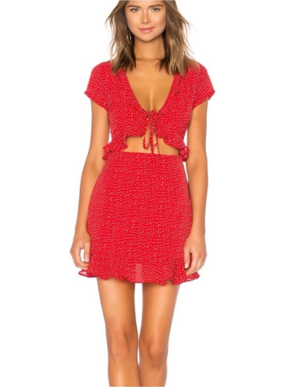 superdown Red Polka Dot Tie-Front Mini Dress
